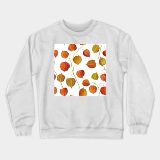 Physalis flowers watercolor seamless pattern. Golden berry plants. Cape gooseberry buds. Colorful autumn leaves structure Crewneck Sweatshirt